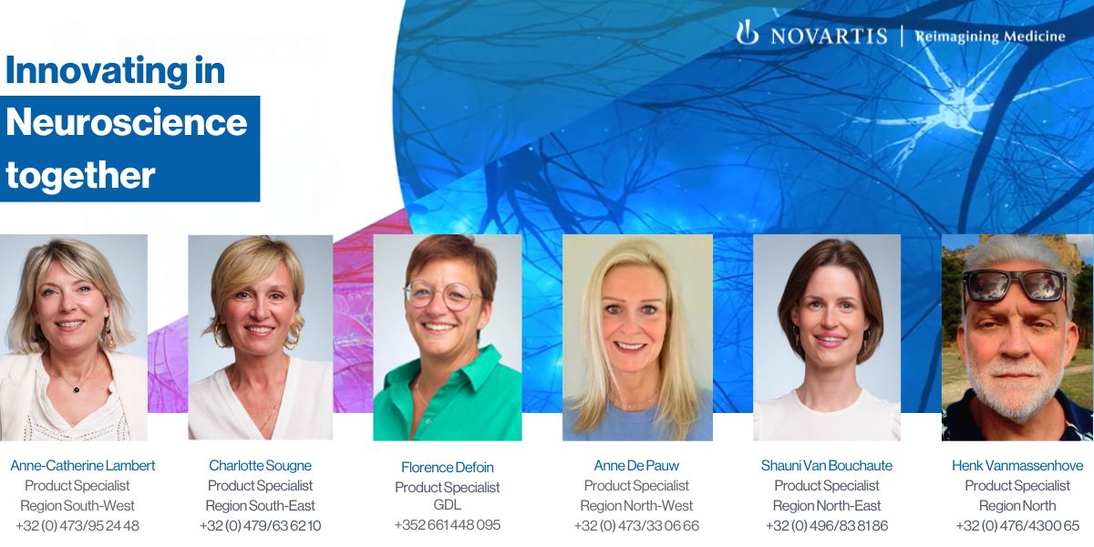 A diverse team of professionals at Novartis collaborating on neuroscience innovation, with faces pixelated for privacy.